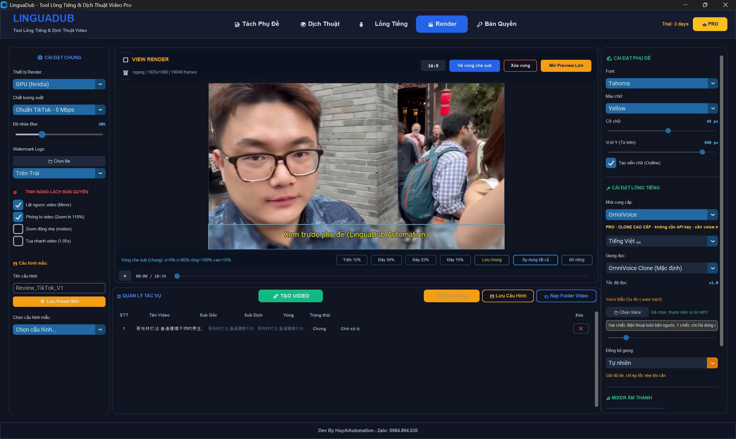 Giao diện render video của LinguaDub
